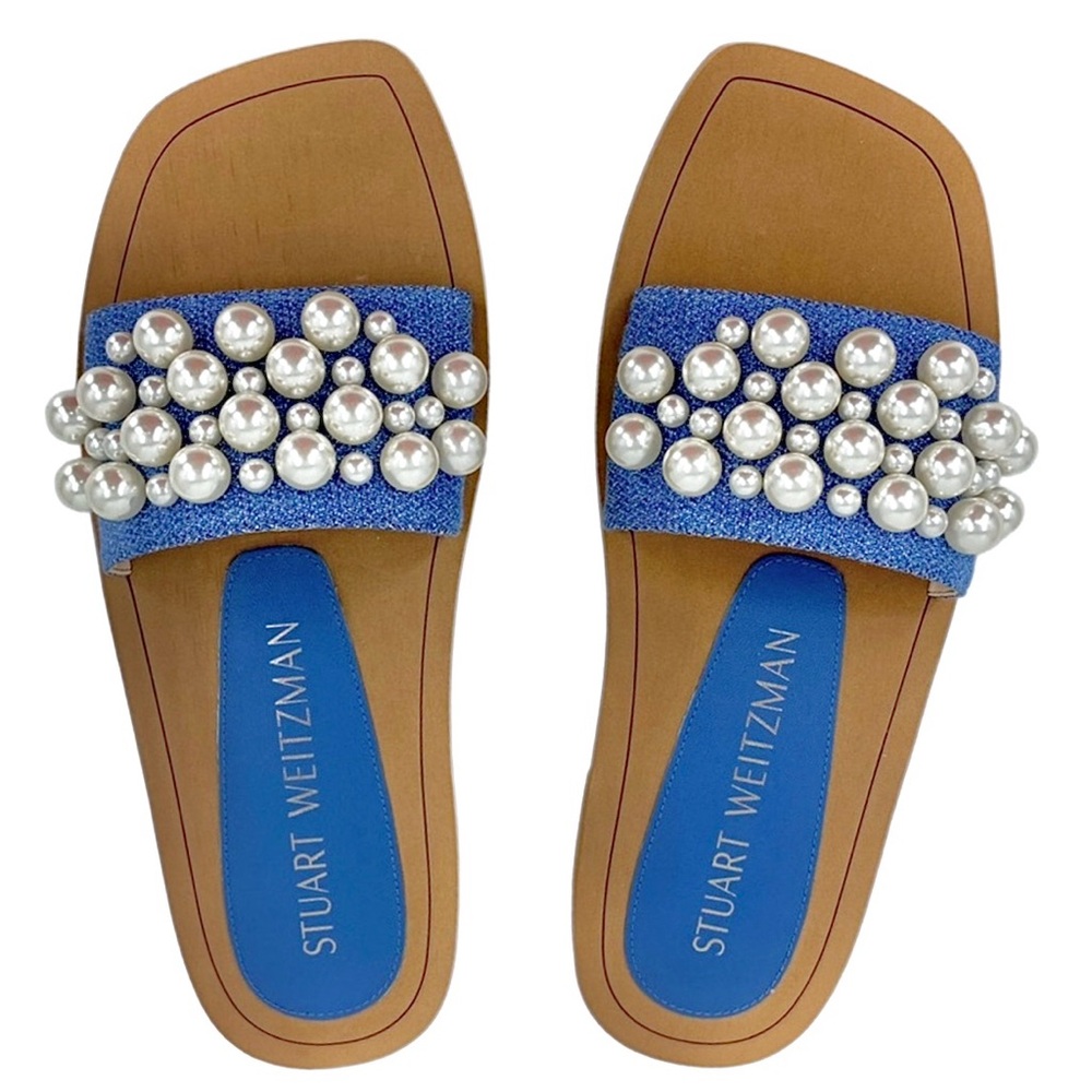 Stuart Weitzman GOLDIE Slide - Size 9 - Indigo/Denim/Blue Sandals with Pearls